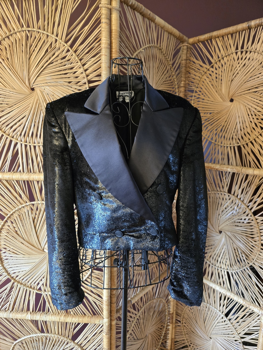 Vintage Black Sequined Double-Breasted Satin Lapel Women's Cropped Jacket